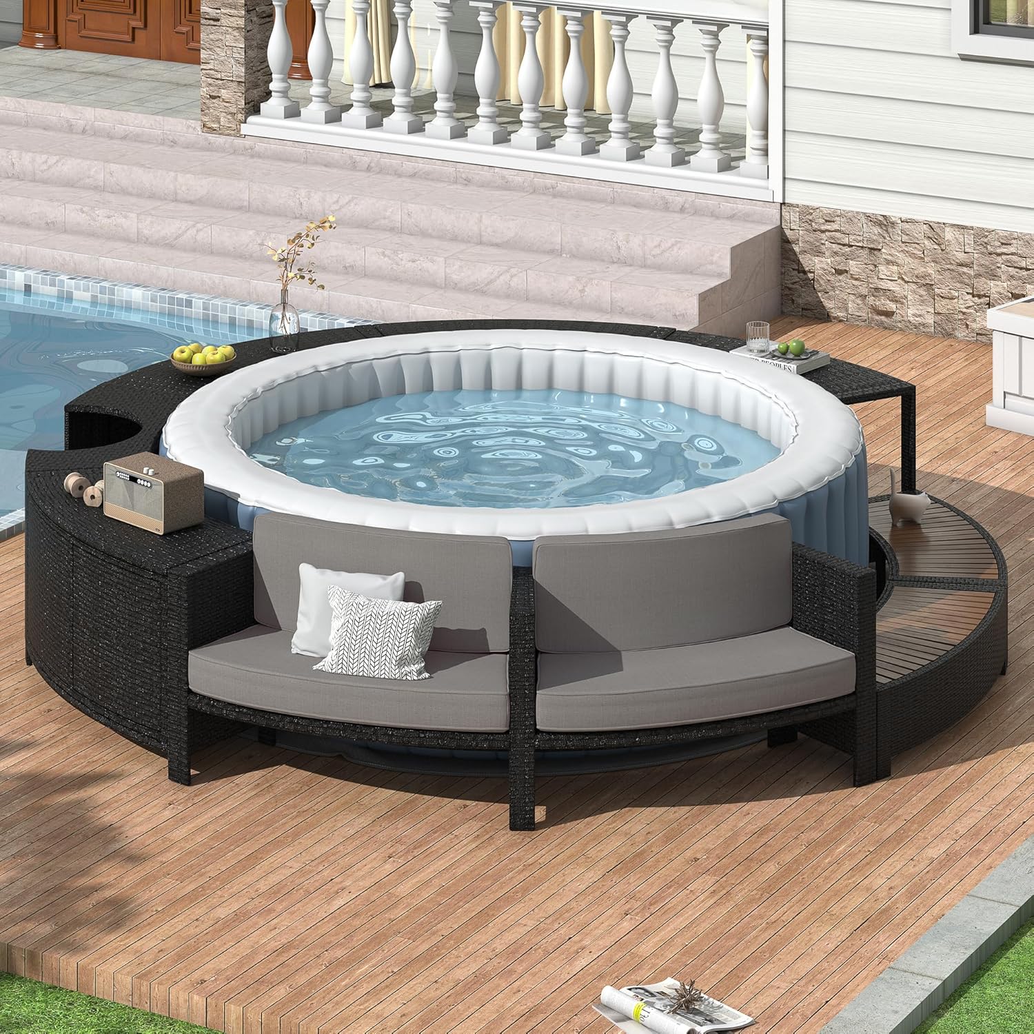 Outdoor Furniture Grey - طقم أريكة من الروطان للشرفة مع