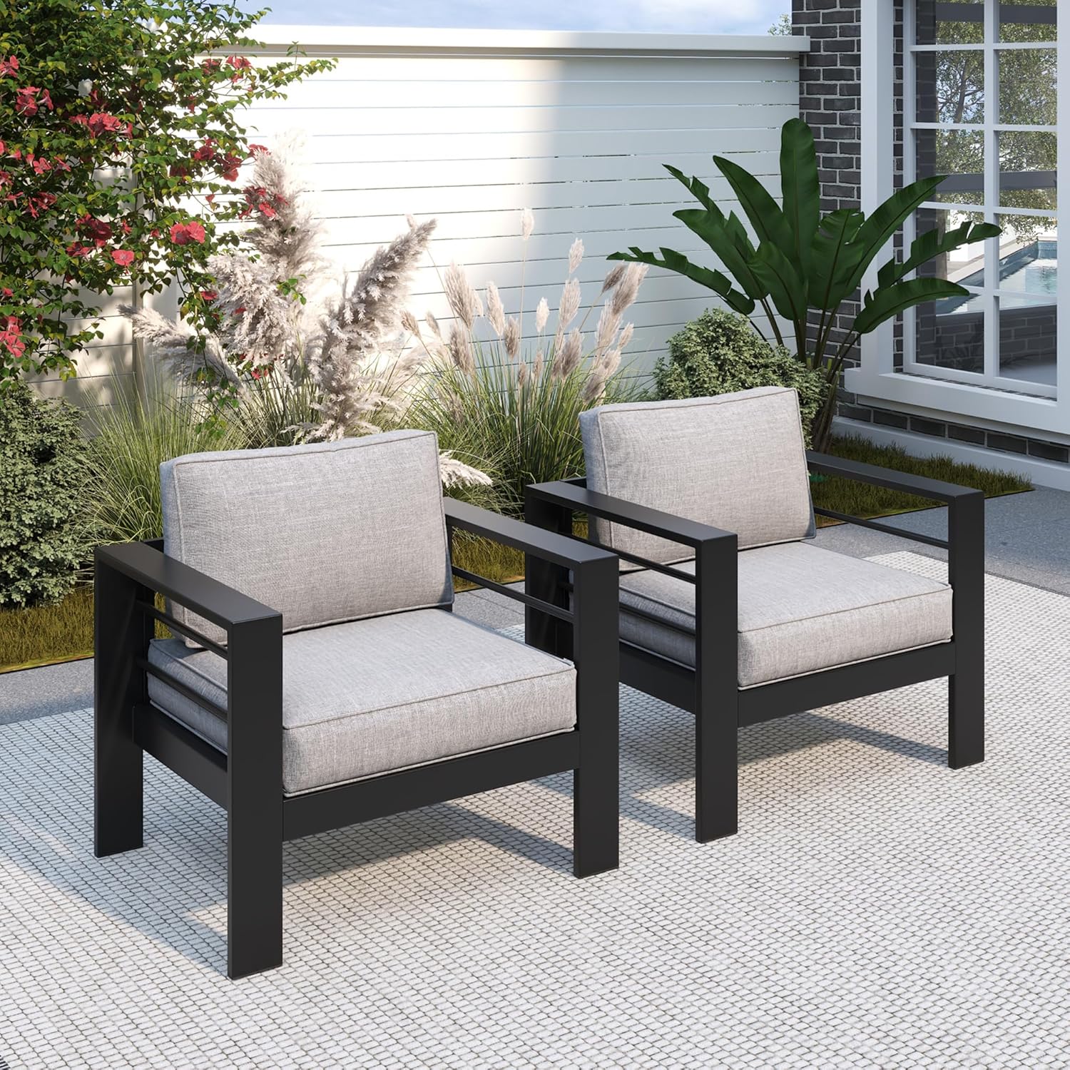 Outdoor Furniture Grey - كرسي بذراعين معدني لأثاث الفناء، قطعتان