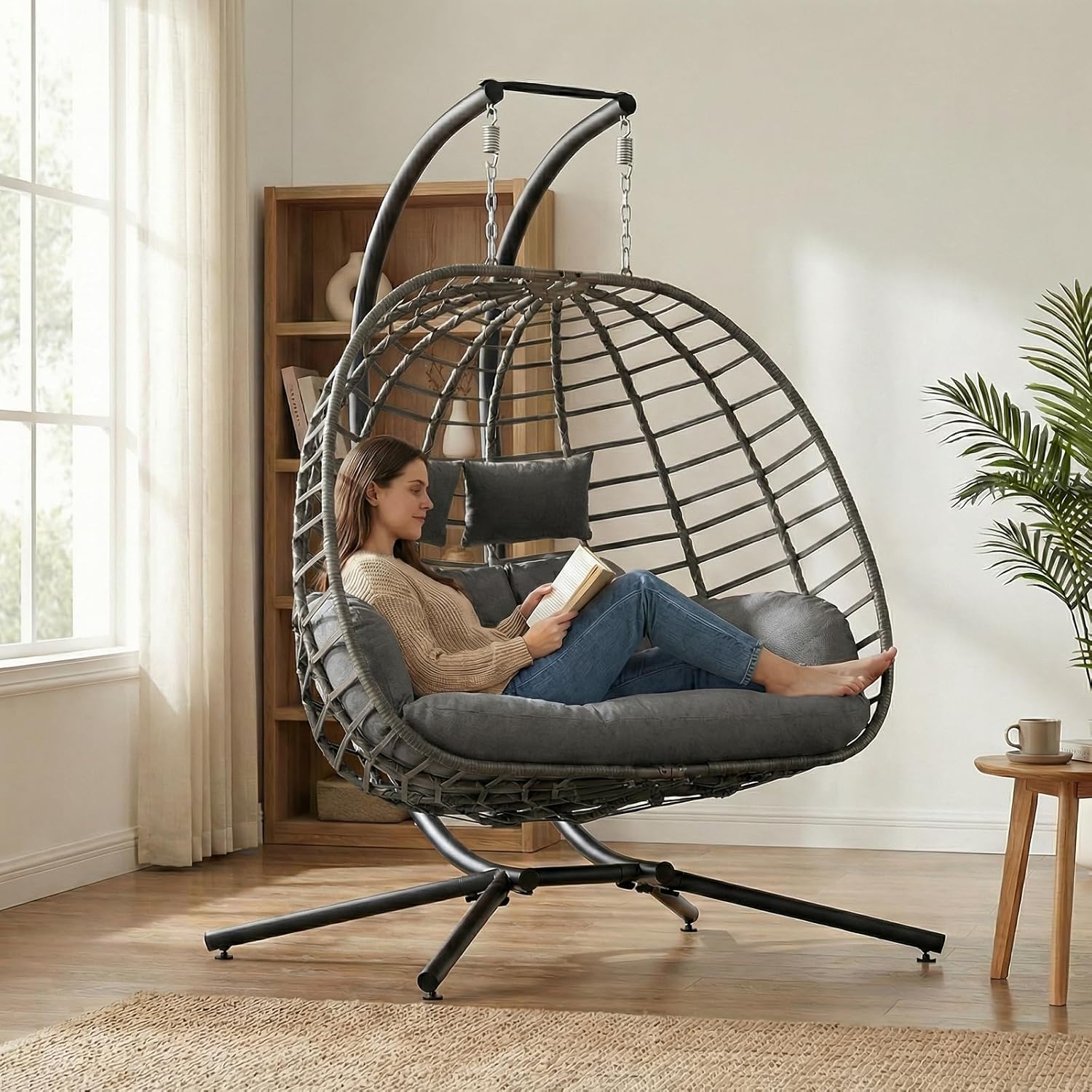 Outdoor Furniture Grey - كرسي أرجوحة بيضاوي الشكل لشخصين مع