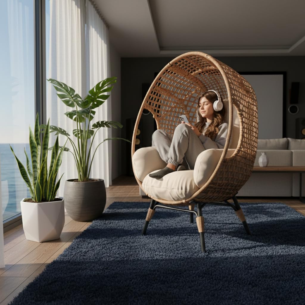 كرسي بيضاوي معلق أنيق بظهر مقو - مراجعة Outdoor Furniture Egg Chair وسعره